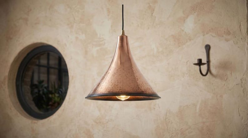 Set of 3 Handmade Moroccan Brass Pendant Lights – Hammered Copper Finish Cone Ceiling Lamps, Rustic Kitchen Island & Dining Room Lighting
