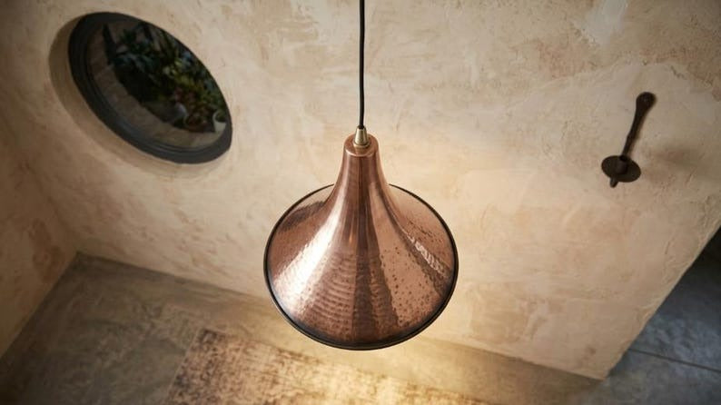 Handmade Moroccan Brass Pendant Light – Hammered Copper Finish Cone Ceiling Lamp, Rustic Kitchen Island & Dining Room Lighting