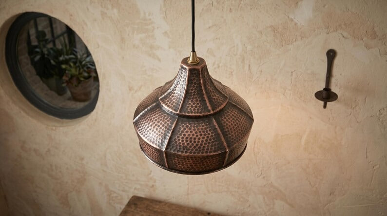 Set of 3 Handmade Moroccan Brass Pendant Lights – Hammered Dark Copper Wide Cone Ceiling Lamps, Rustic Kitchen Island & Dining Room Lighting