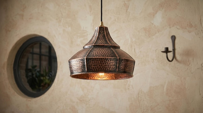 Handmade Moroccan Brass Pendant Light – Hammered Dark Copper Dome Ceiling Lamp, Rustic Kitchen Island & Dining Room Lighting