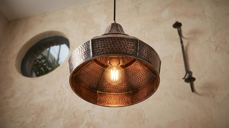 Handmade Moroccan Brass Pendant Light – Hammered Dark Copper Dome Ceiling Lamp, Rustic Kitchen Island & Dining Room Lighting