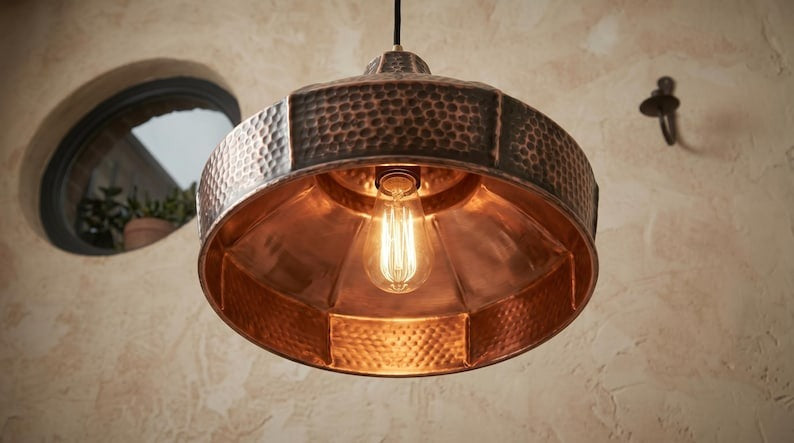 Handmade Moroccan Brass Pendant Light – Hammered Dark Copper Dome Ceiling Lamp, Rustic Kitchen Island & Dining Room Lighting