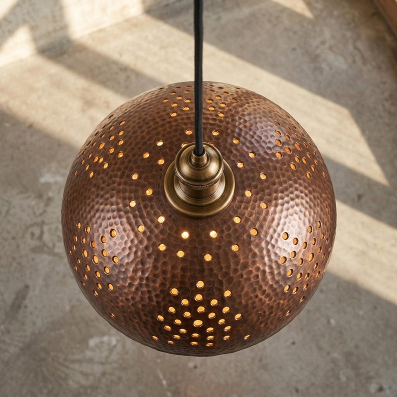 Handmade Moroccan Brass Pendant Light – Hammered Dark Copper Dome Ceiling Lamp with Pierced Dot Design, Rustic Kitchen Island Lighting
