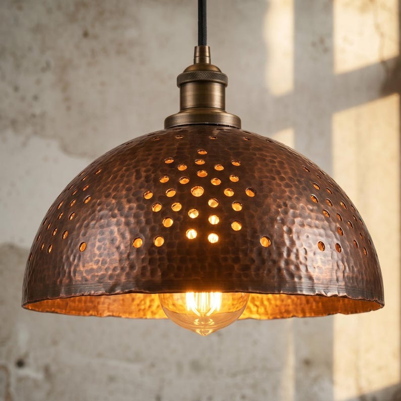 Handmade Moroccan Brass Pendant Light – Hammered Dark Copper Dome Ceiling Lamp with Pierced Dot Design, Rustic Kitchen Island Lighting