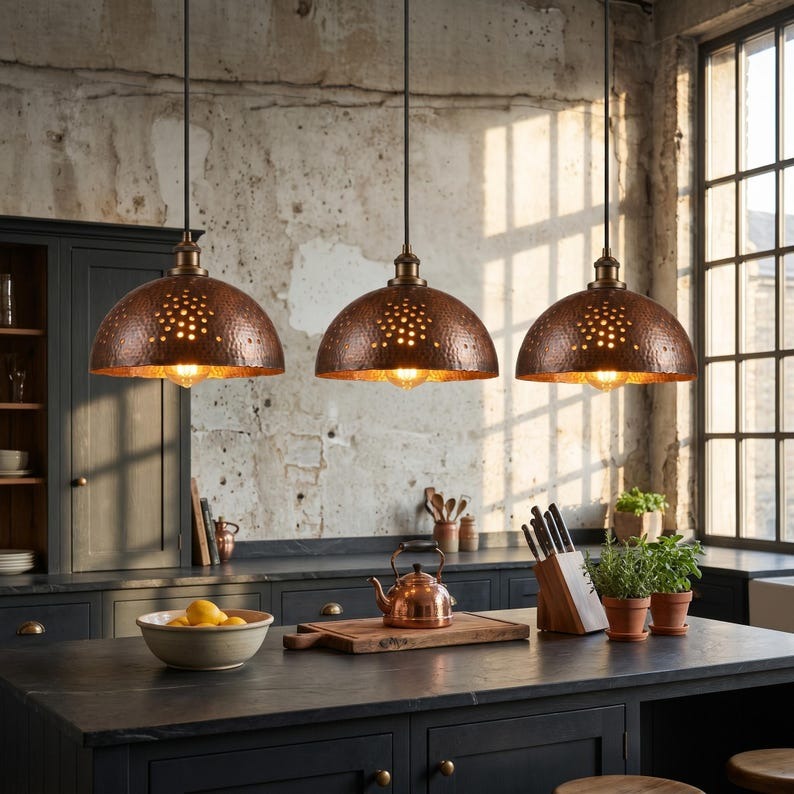 Handmade Moroccan Brass Pendant Light – Hammered Dark Copper Dome Ceiling Lamp with Pierced Dot Design, Rustic Kitchen Island Lighting