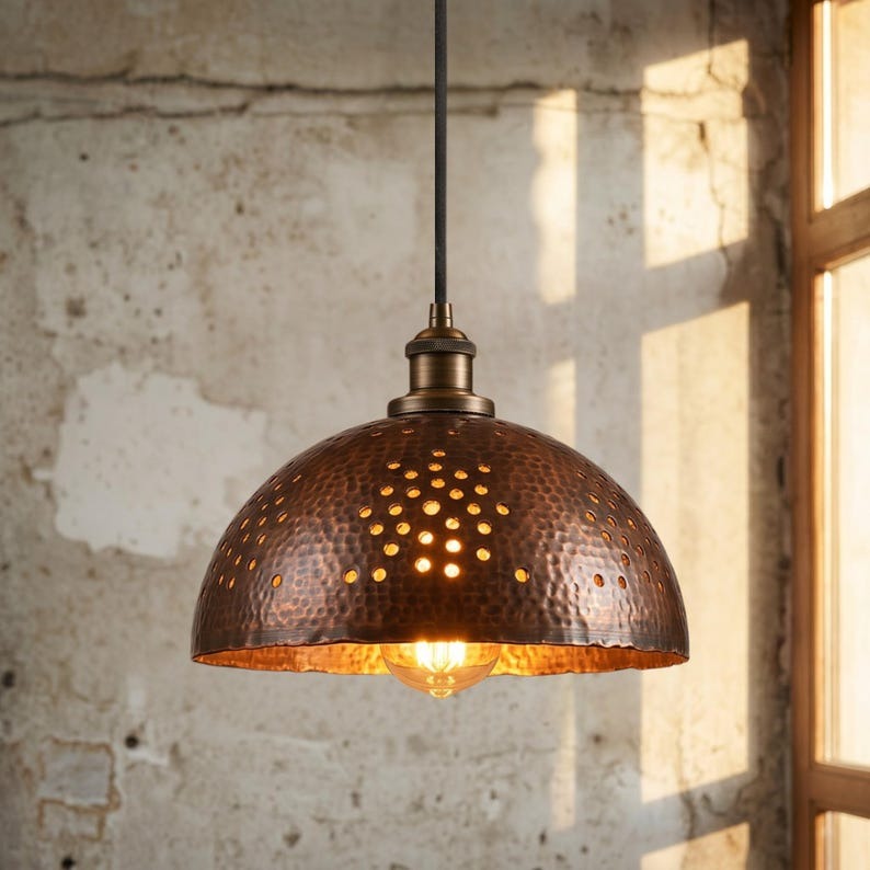 Handmade Moroccan Brass Pendant Light – Hammered Dark Copper Dome Ceiling Lamp with Pierced Dot Design, Rustic Kitchen Island Lighting