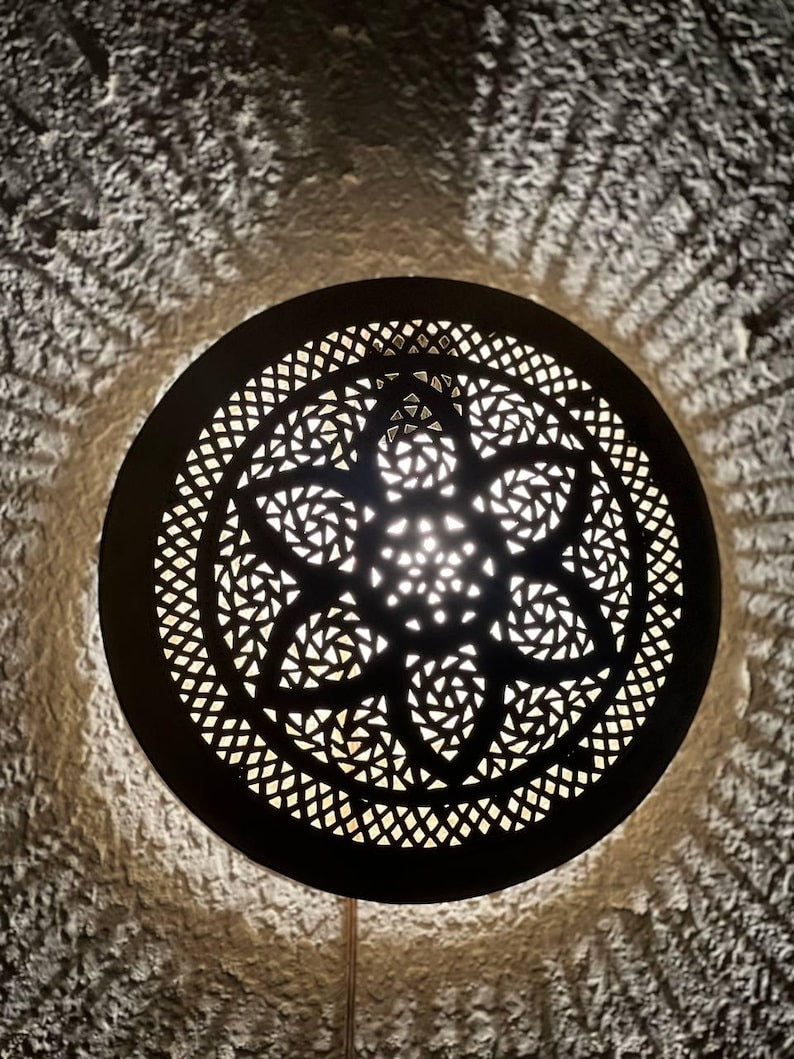 Handmade Moroccan Brass Wall Sconce – Round Black Mandala Cutout Light with Geometric Pattern for Boho Wall Décor, Bedroom, Hallway & Living Room