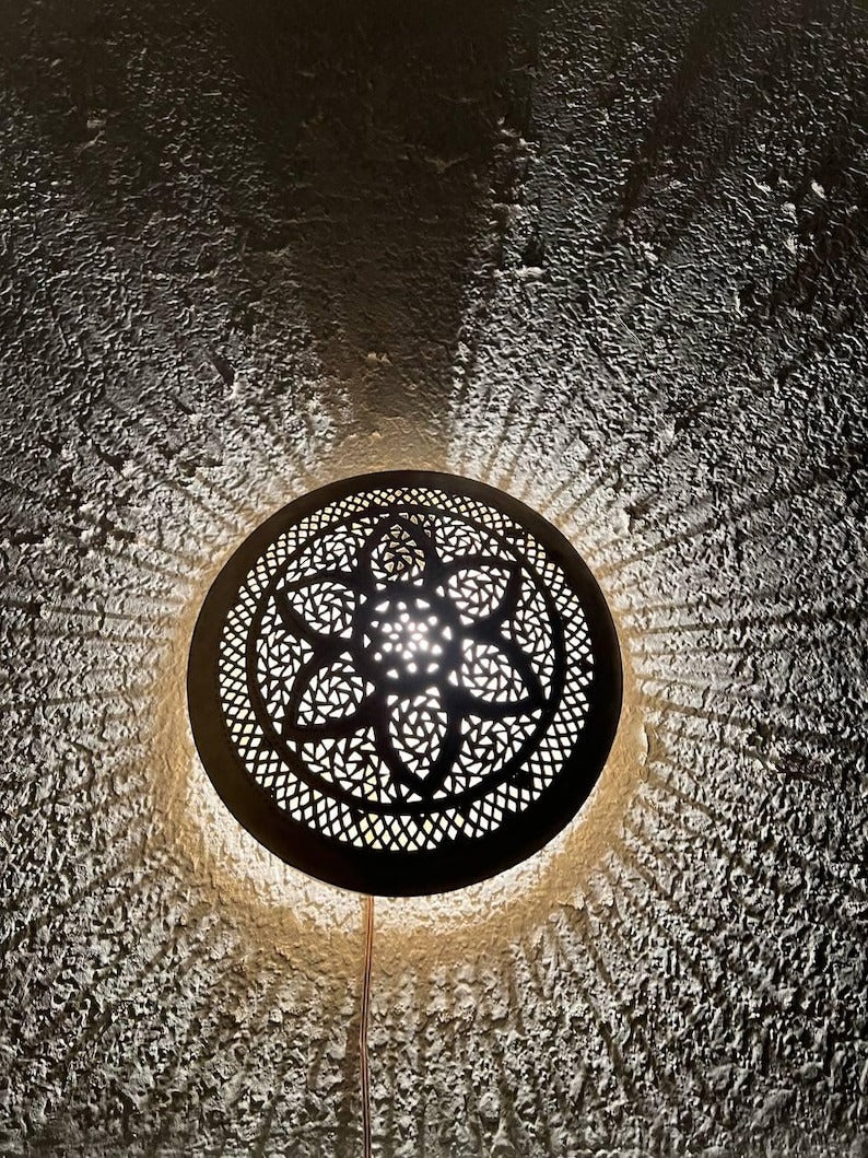 Handmade Moroccan Brass Wall Sconce – Round Black Mandala Cutout Light with Geometric Pattern for Boho Wall Décor, Bedroom, Hallway & Living Room