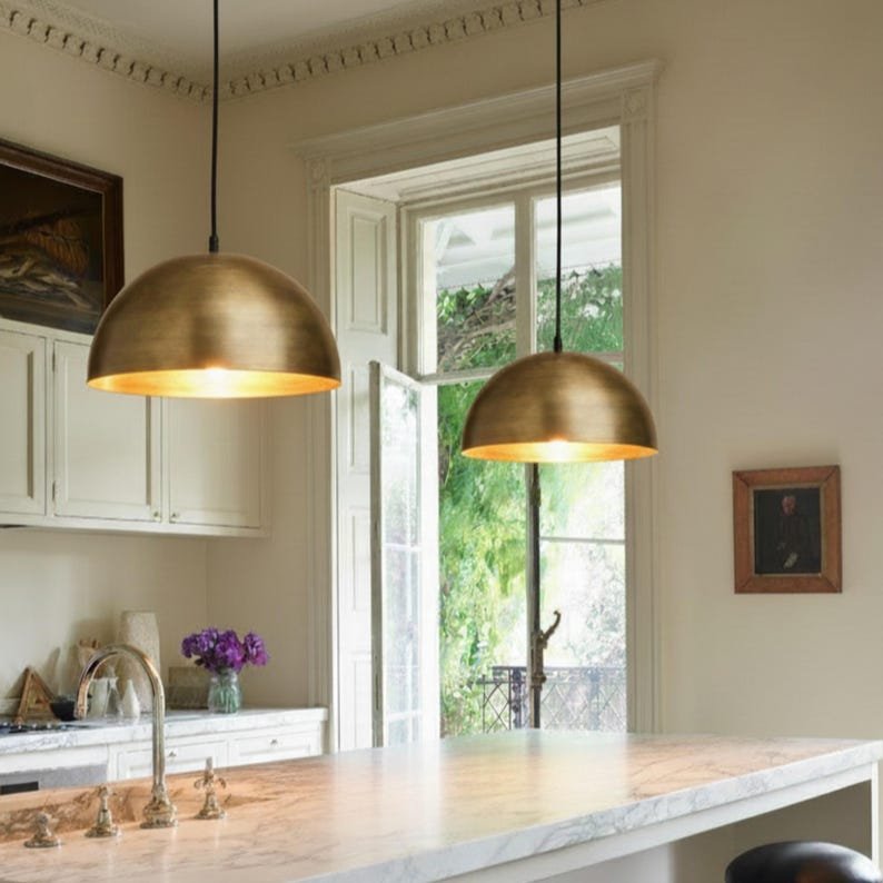 Antique Brass Dome Pendant Light, Handmade Moroccan Brass Kitchen Island Chandelier, Modern Rustic Farmhouse Hanging Lamp, Gold Brass Dining Room Ceiling Light Fixture