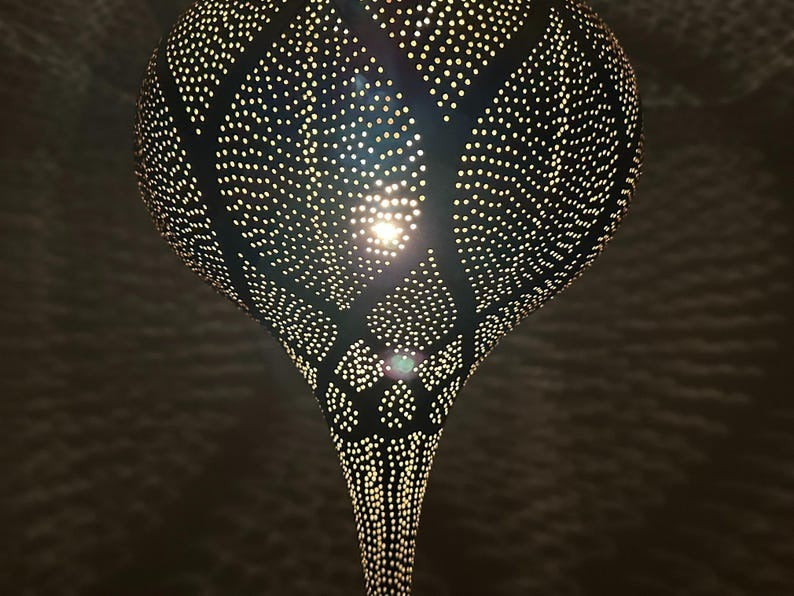 Handmade Moroccan Brass Pendant Light – Pierced Onion Lantern with Floral Arabesque Pattern, Moorish Shadow Casting Ceiling Lamp