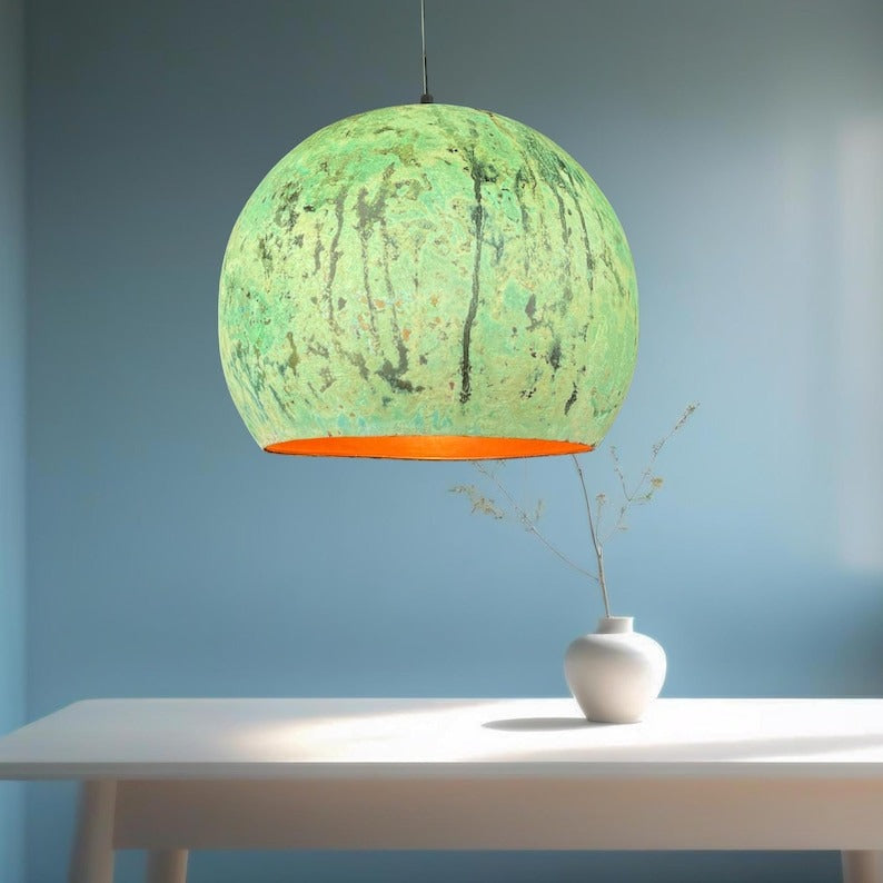 Set of 3 Handmade Moroccan Brass Pendant Lights – Distressed Green Verdigris Patina Globe Ceiling Lamps with Copper Interior, Kitchen Island & Dining Room Lighting