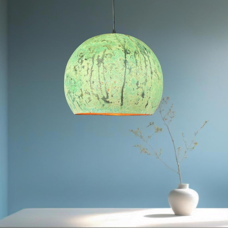 Set of 3 Handmade Moroccan Brass Pendant Lights – Distressed Green Verdigris Patina Globe Ceiling Lamps with Copper Interior, Kitchen Island & Dining Room Lighting