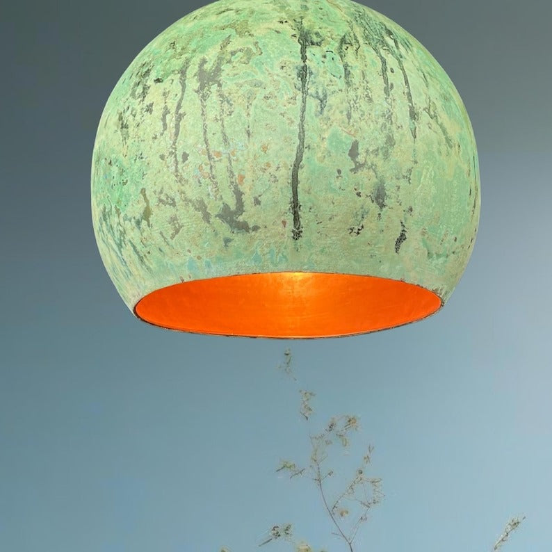 Handmade Moroccan Brass Pendant Light – Distressed Green Verdigris Patina Globe Ceiling Lamp with Copper Interior, Kitchen Island & Dining Room Lighting