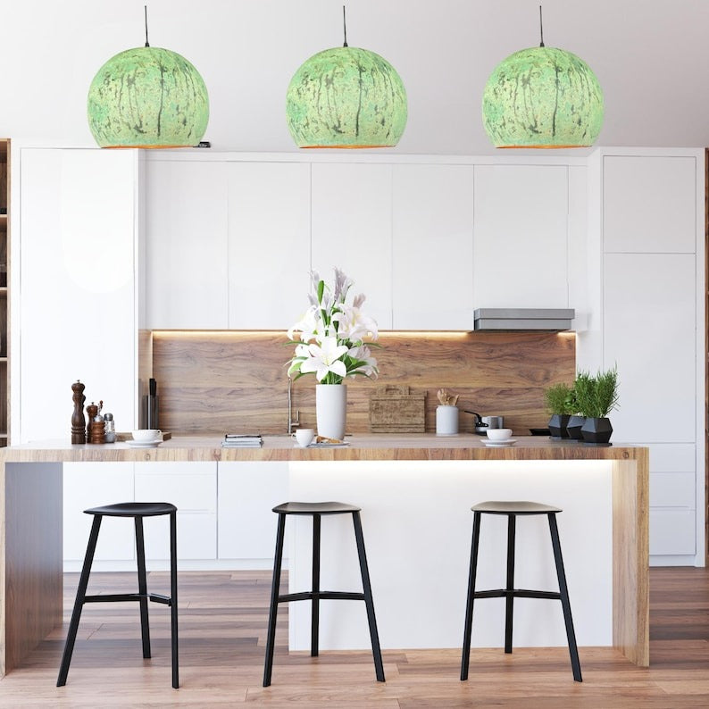 Handmade Moroccan Brass Pendant Light – Distressed Green Verdigris Patina Globe Ceiling Lamp with Copper Interior, Kitchen Island & Dining Room Lighting