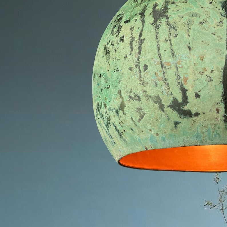 Set of 3 Handmade Moroccan Brass Pendant Lights – Distressed Green Verdigris Patina Globe Ceiling Lamps with Copper Interior, Kitchen Island & Dining Room Lighting