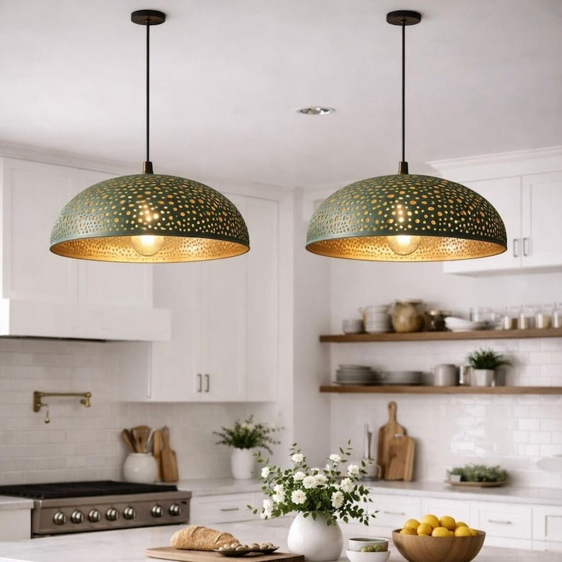 Set of 2 Handmade Moroccan Brass Pendant Lights – Green Patina Pierced Dome Ceiling Lamps, Large Kitchen Island & Dining Room Lighting
