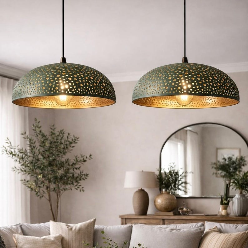 Set of 3 Handmade Moroccan Brass Pendant Lights – Green Patina Pierced Dome Ceiling Lamps, Large Kitchen Island & Dining Room Lighting