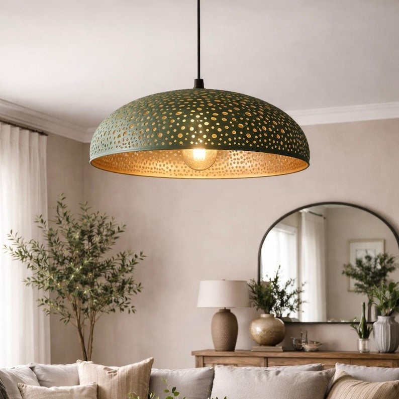 Handmade Moroccan Brass Pendant Light – Green Patina Pierced Dome Ceiling Lamp, Large Kitchen Island & Living Room Statement Lighting