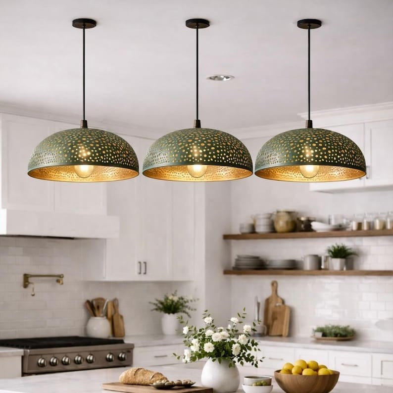 Set of 3 Handmade Moroccan Brass Pendant Lights – Green Patina Pierced Dome Ceiling Lamps, Large Kitchen Island & Dining Room Lighting