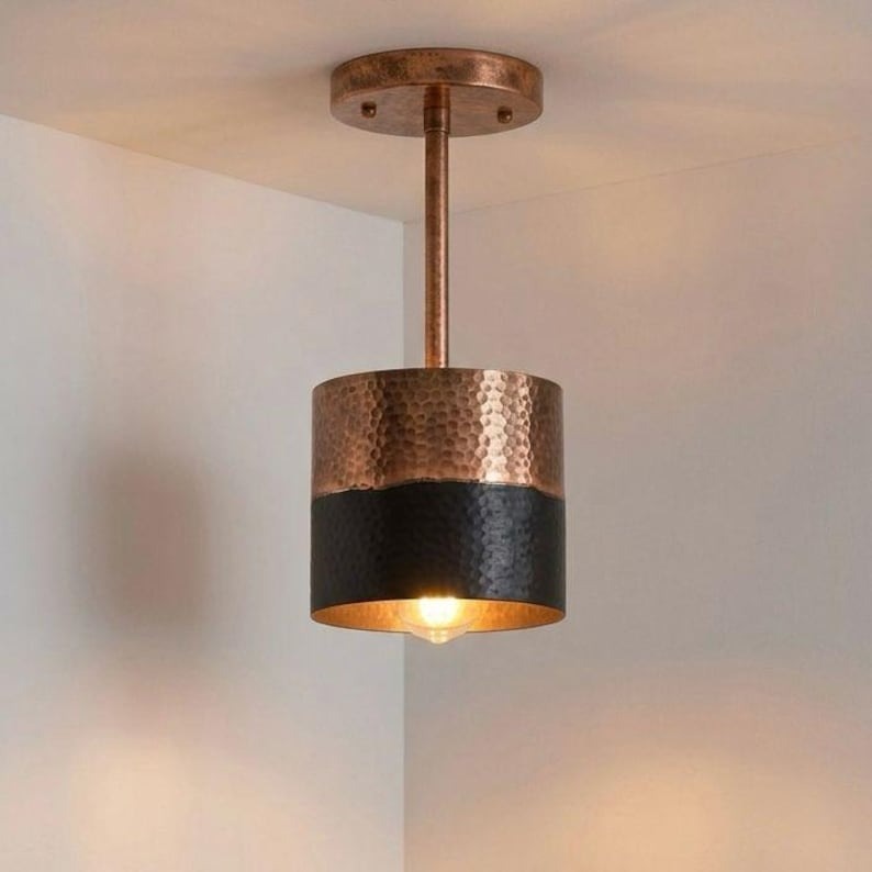 Handmade Moroccan Brass Pendant Light – Hammered Copper & Black Cylinder Ceiling Lamp, Modern Kitchen Island & Dining Room Lighting