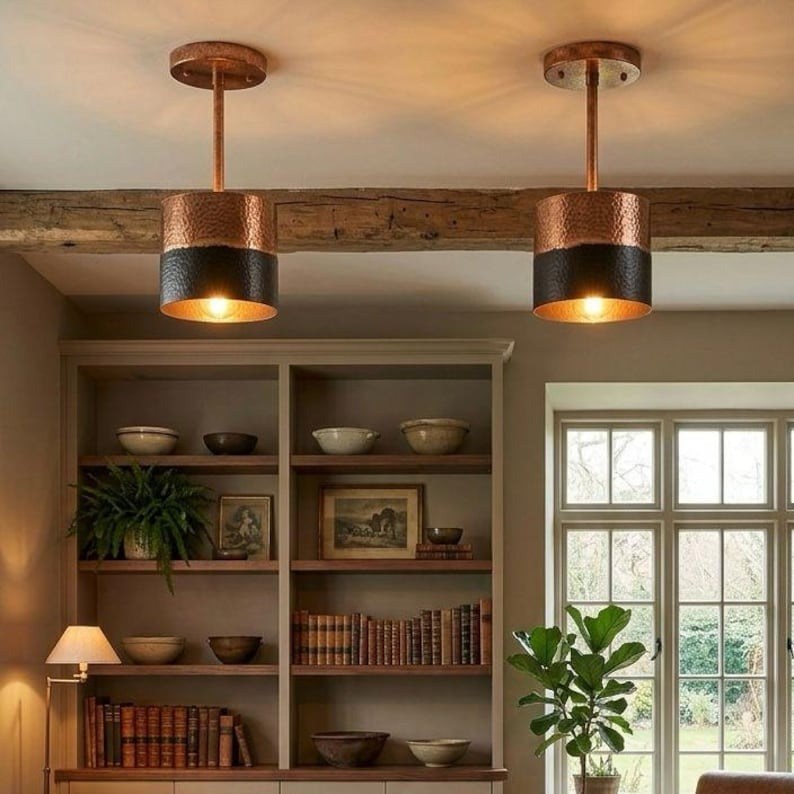 Set of 2 Handmade Moroccan Brass Pendant Lights – Hammered Copper & Black Cylinder Ceiling Lamps, Kitchen Island & Dining Room Lighting