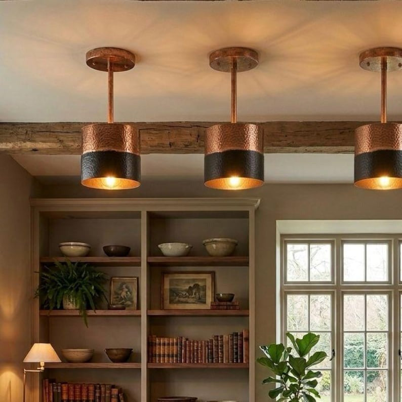 Set of 2 Handmade Moroccan Brass Pendant Lights – Hammered Copper & Black Cylinder Ceiling Lamps, Kitchen Island & Dining Room Lighting