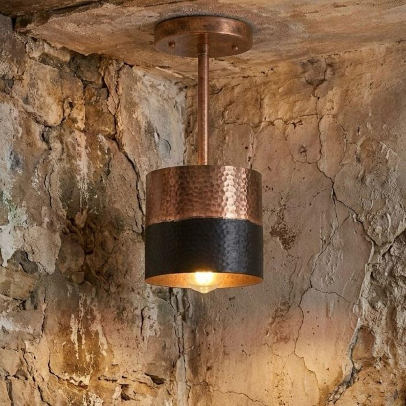 Set of 2 Handmade Moroccan Brass Pendant Lights – Hammered Copper & Black Cylinder Ceiling Lamps, Kitchen Island & Dining Room Lighting