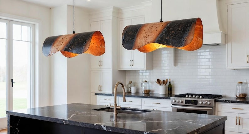 Sculptural Brass Ribbon Pendant Light – Black & Copper Moroccan Linear Dining Chandelier