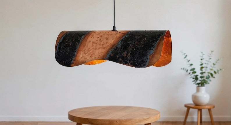 Sculptural Brass Ribbon Pendant Light – Black & Copper Moroccan Linear Dining Chandelier