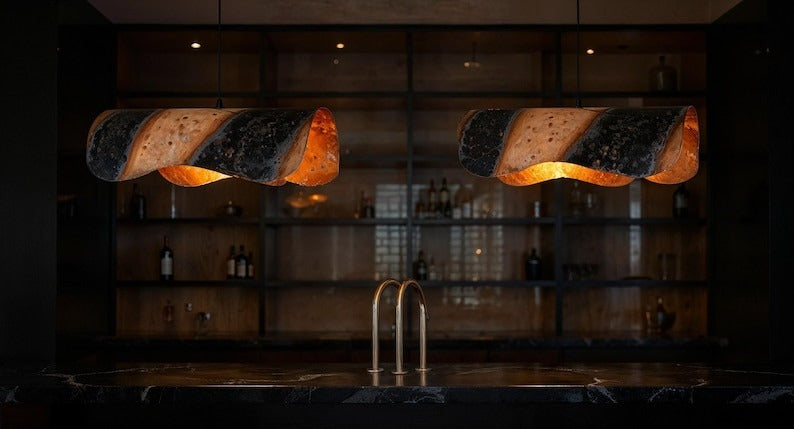 Sculptural Brass Ribbon Pendant Light – Black & Copper Moroccan Linear Dining Chandelier