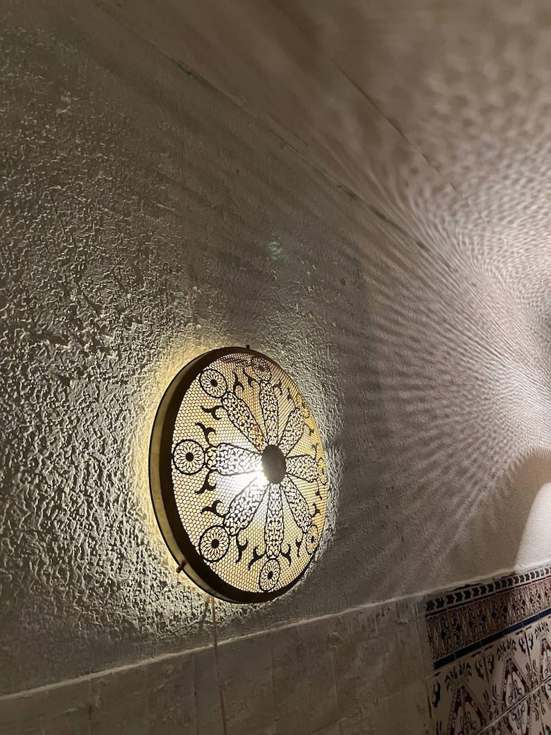 Handmade Moroccan Brass Wall Sconce – Round Floral Mandala Cutout Light with Geometric Lace Pattern for Boho Wall Décor, Bedroom, Hallway & Living Room