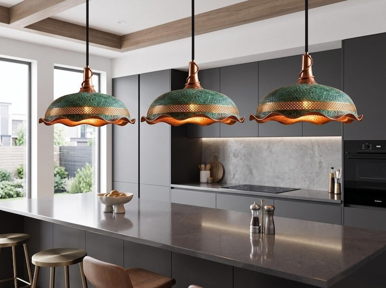 Verdigris & Copper Hammered Brass Pendant Light – Moroccan Pierced Dome Chandelier with Scalloped Edge