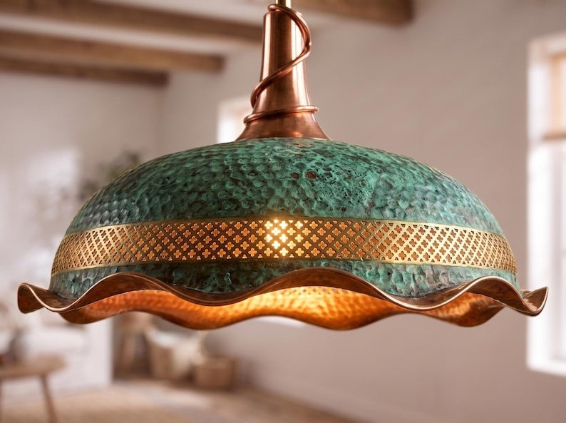 Verdigris & Copper Hammered Brass Pendant Light – Moroccan Pierced Dome Chandelier with Scalloped Edge