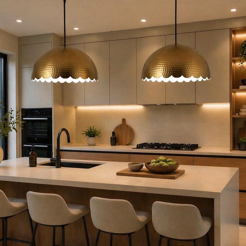 Handmade Moroccan Brass Pendant Light – Hammered Gold Scalloped Dome Ceiling Lamp, Large Kitchen Island & Dining Room Lighting