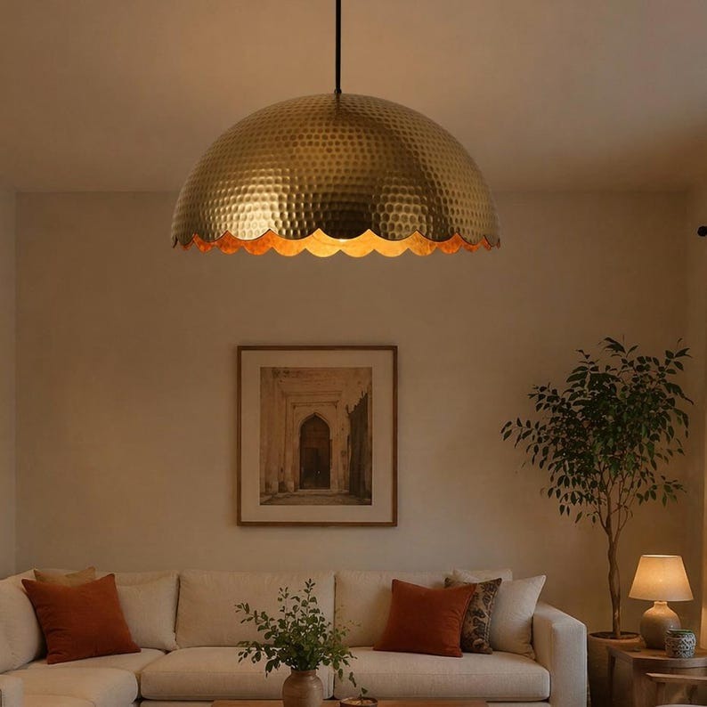 Set of 3 Handmade Moroccan Brass Pendant Lights – Hammered Gold Scalloped Dome Ceiling Lamps, Large Kitchen Island & Dining Room Lighting
