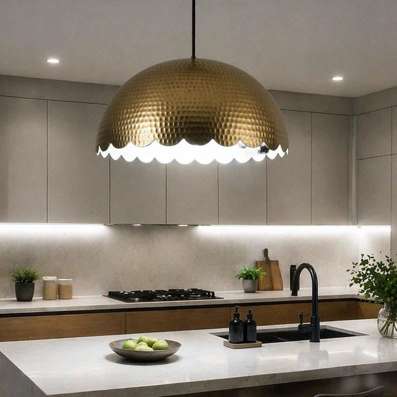 Handmade Moroccan Brass Pendant Light – Hammered Gold Scalloped Dome Ceiling Lamp, Large Kitchen Island & Dining Room Lighting