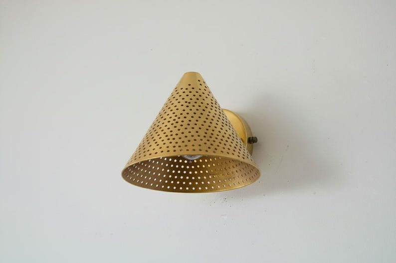 Handmade Pierced Brass Wall Sconce Light – Moroccan Cone Wall Lamp, Brass Bathroom Vanity Sconce, Boho Bedside Reading Light Fixture