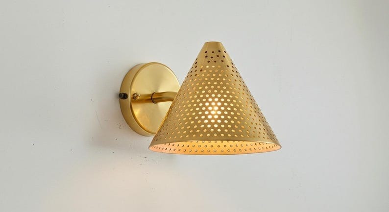 Handmade Pierced Brass Wall Sconce Light – Moroccan Cone Wall Lamp, Brass Bathroom Vanity Sconce, Boho Bedside Reading Light Fixture