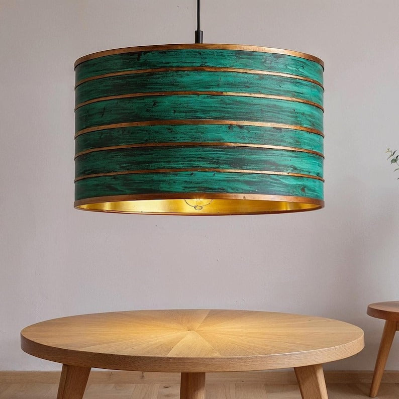 Green Patina Copper Drum Pendant Light, Handmade Moroccan Striped Verdigris Chandelier, Rustic Kitchen Island Hanging Lamp, Boho Farmhouse Dining Room Ceiling Light Fixture