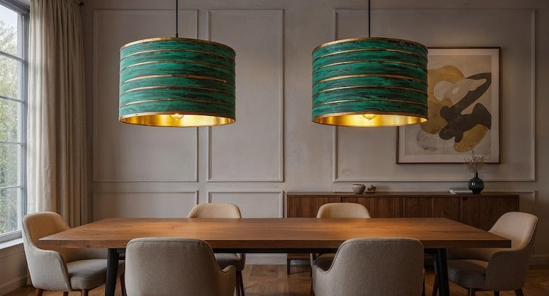 Green Patina Copper Drum Pendant Light, Handmade Moroccan Striped Verdigris Chandelier, Rustic Kitchen Island Hanging Lamp, Boho Farmhouse Dining Room Ceiling Light Fixture