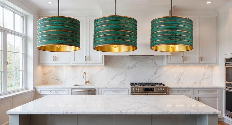 Green Patina Copper Drum Pendant Light, Handmade Moroccan Striped Verdigris Chandelier, Rustic Kitchen Island Hanging Lamp, Boho Farmhouse Dining Room Ceiling Light Fixture