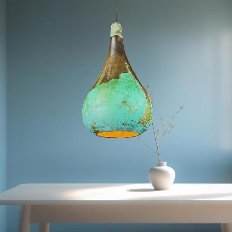 Set of 3 Handmade Moroccan Brass Pendant Lights – Green Verdigris Patina Teardrop Ceiling Lamps with Antique Brass & Copper Interior, Kitchen Island & Dining Room Lighting