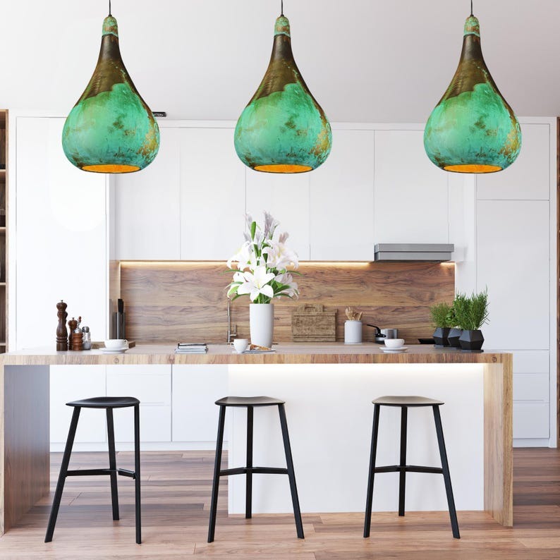 Set of 3 Handmade Moroccan Brass Pendant Lights – Green Verdigris Patina Teardrop Ceiling Lamps with Antique Brass & Copper Interior, Kitchen Island & Dining Room Lighting