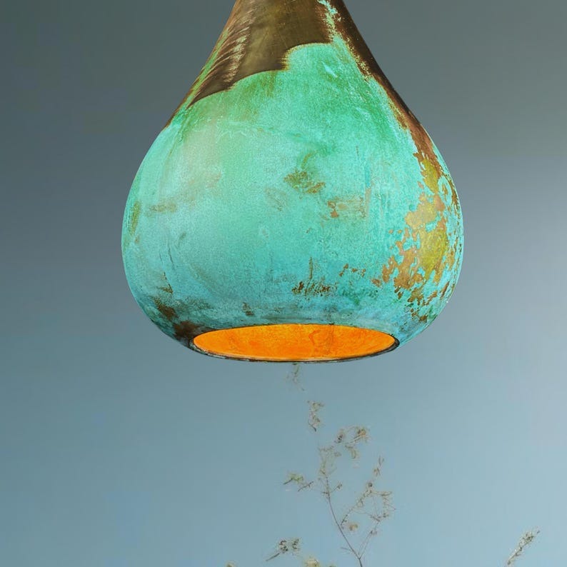Set of 3 Handmade Moroccan Brass Pendant Lights – Green Verdigris Patina Teardrop Ceiling Lamps with Antique Brass & Copper Interior, Kitchen Island & Dining Room Lighting