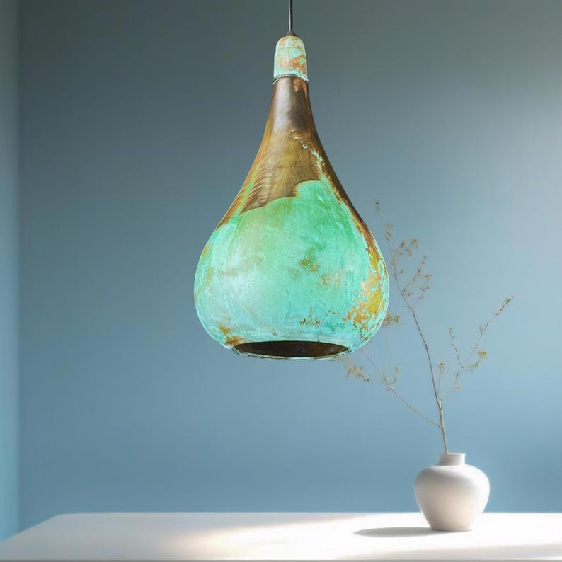 Set of 3 Handmade Moroccan Brass Pendant Lights – Green Verdigris Patina Teardrop Ceiling Lamps with Antique Brass & Copper Interior, Kitchen Island & Dining Room Lighting