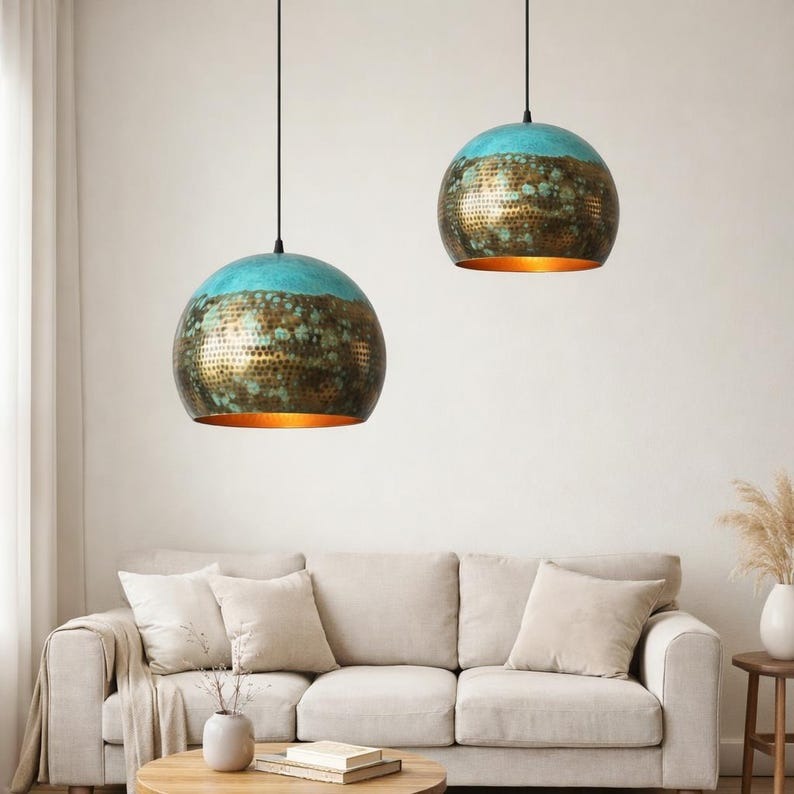Handmade Moroccan Brass Pendant Light – Turquoise Verdigris Patina Hammered Globe Ceiling Lamp with Warm Copper Interior, Kitchen Island & Dining Room Lighting