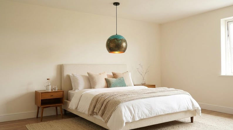 Handmade Moroccan Brass Pendant Light – Turquoise Verdigris Patina Hammered Globe Ceiling Lamp with Warm Copper Interior, Kitchen Island & Dining Room Lighting