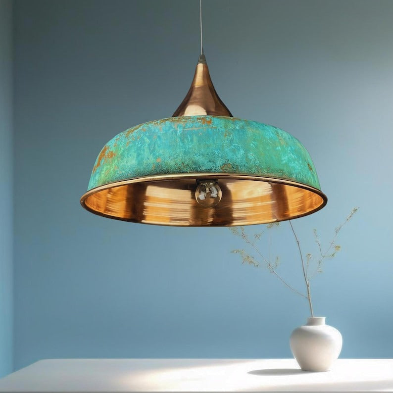 Handmade Moroccan Brass Pendant Light – Turquoise Verdigris Patina Dome Ceiling Lamp with Copper Brass Accents, Kitchen Island & Dining Room Lighting