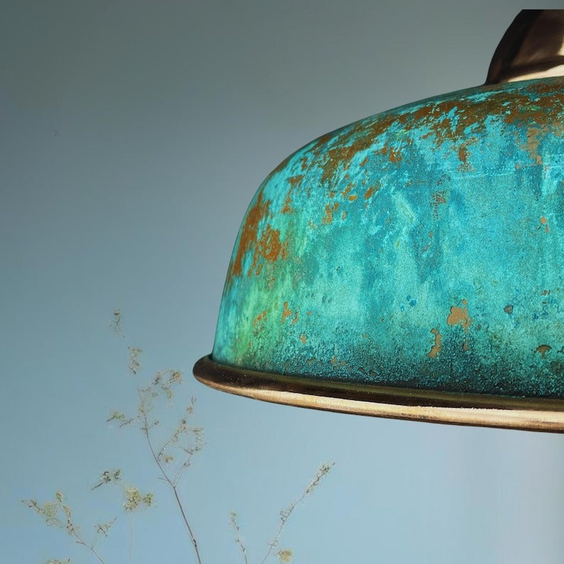 Handmade Moroccan Brass Pendant Light – Turquoise Verdigris Patina Dome Ceiling Lamp with Copper Brass Accents, Kitchen Island & Dining Room Lighting
