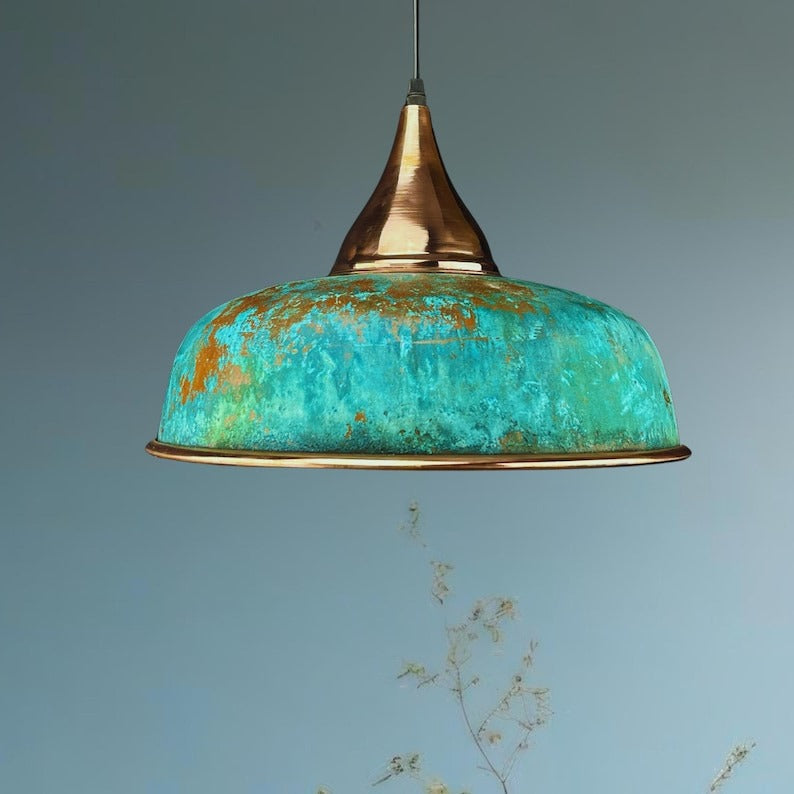 Set of 2 Handmade Moroccan Brass Pendant Lights – Turquoise Verdigris Patina Ribbed Dome Ceiling Lamps with Copper Interior, Kitchen Island & Dining Room Lighting